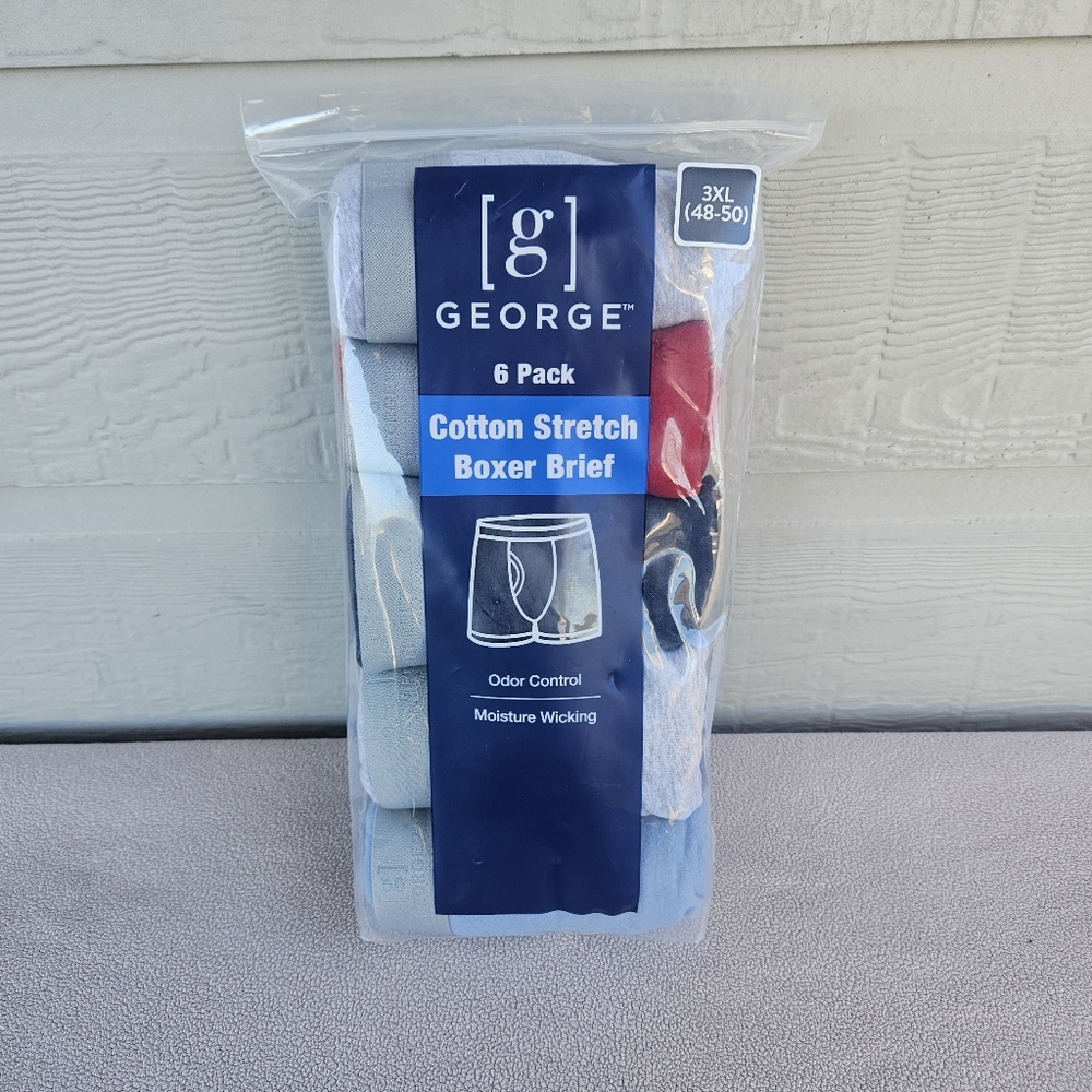George Cotton Stretch Boxer Brief 6 Pack SZ 3XL 48-50 Odor Control Grey Blue